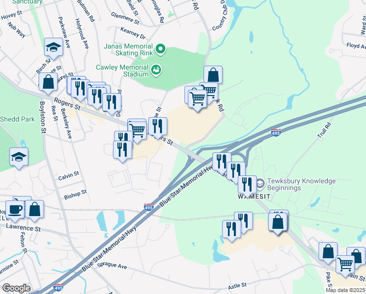 map of restaurants, bars, coffee shops, grocery stores, and more near 10 Main Street in Tewksbury