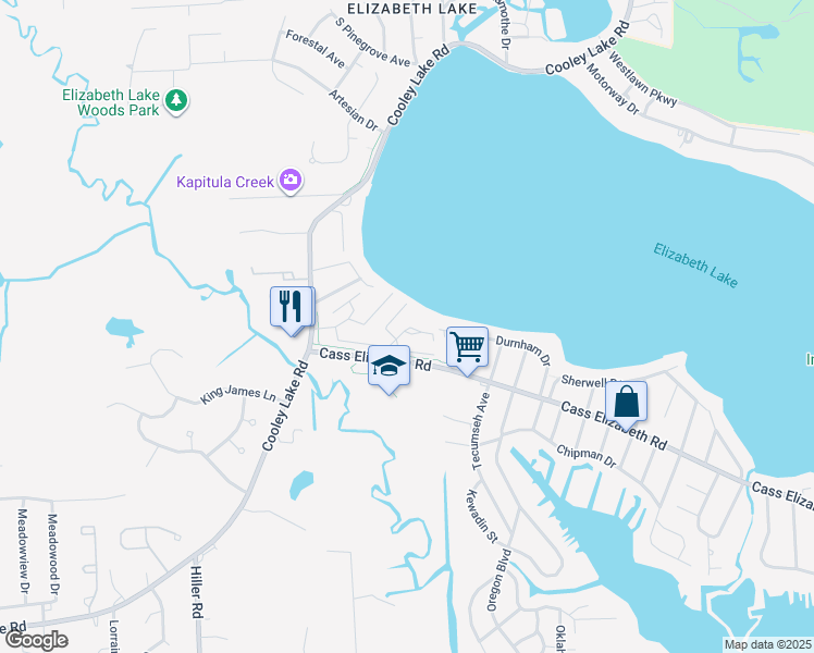 map of restaurants, bars, coffee shops, grocery stores, and more near 5278 Rosamond Lane in Waterford Township
