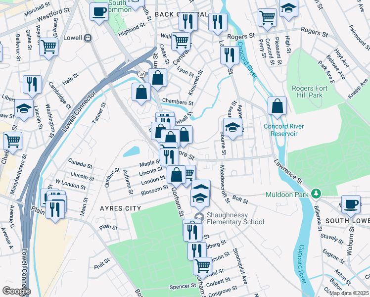 map of restaurants, bars, coffee shops, grocery stores, and more near 39 Moore Street in Lowell