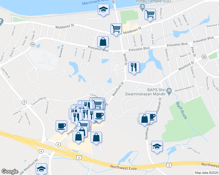 map of restaurants, bars, coffee shops, grocery stores, and more near 1201 Westford Street in Lowell