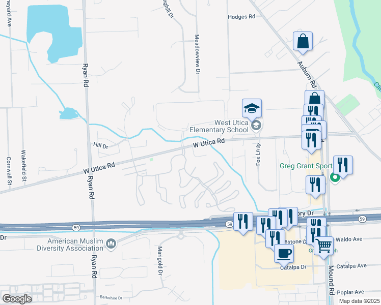 map of restaurants, bars, coffee shops, grocery stores, and more near 45400 Ashwood Court in Macomb County