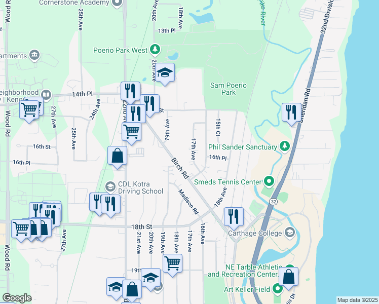map of restaurants, bars, coffee shops, grocery stores, and more near 1645 Birch Road in Kenosha