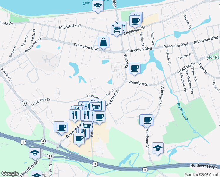 map of restaurants, bars, coffee shops, grocery stores, and more near 39 Carl Street in Lowell