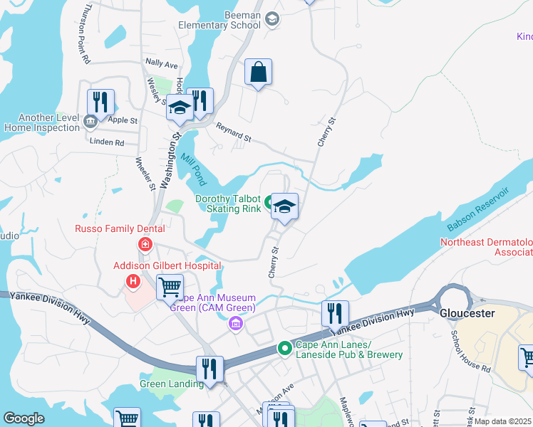 map of restaurants, bars, coffee shops, grocery stores, and more near 32 Cherry Street in Gloucester