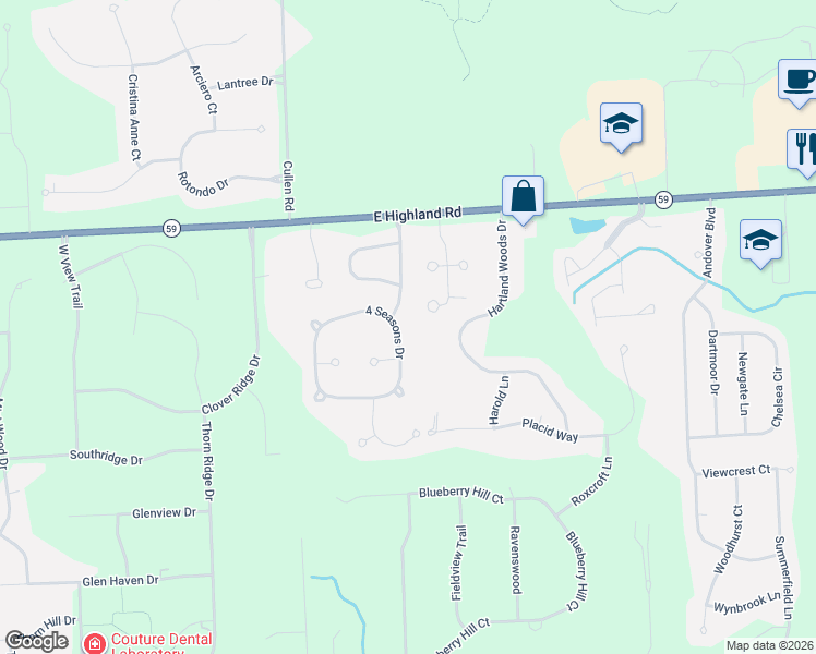 map of restaurants, bars, coffee shops, grocery stores, and more near 1771 Four Seasons Drive in Howell