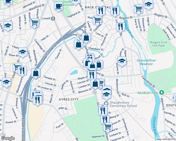 map of restaurants, bars, coffee shops, grocery stores, and more near 953 Gorham Street in Lowell