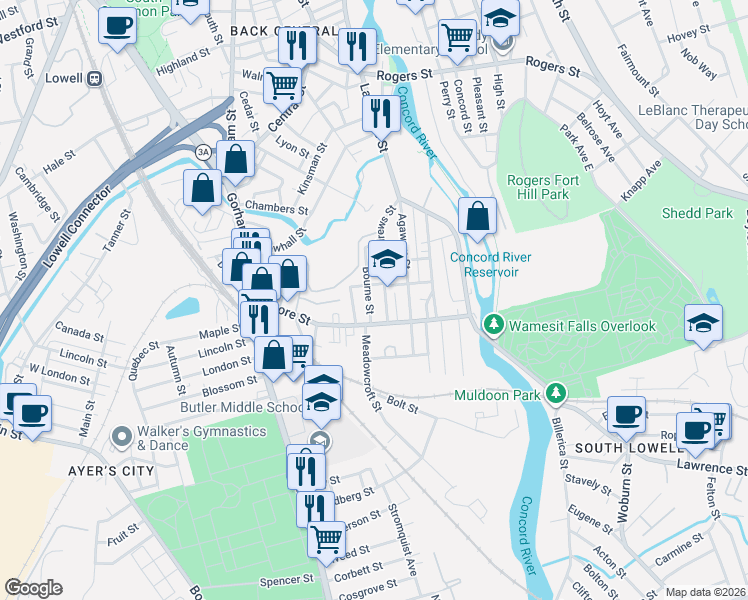map of restaurants, bars, coffee shops, grocery stores, and more near 27 Bourne Street in Lowell