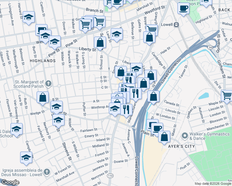 map of restaurants, bars, coffee shops, grocery stores, and more near 35 Waite Street in Lowell
