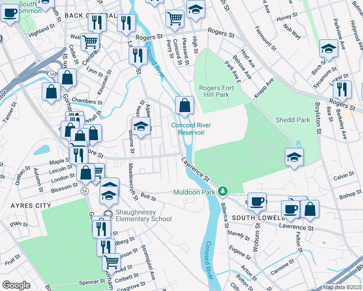 map of restaurants, bars, coffee shops, grocery stores, and more near 966 Lawrence Street in Lowell