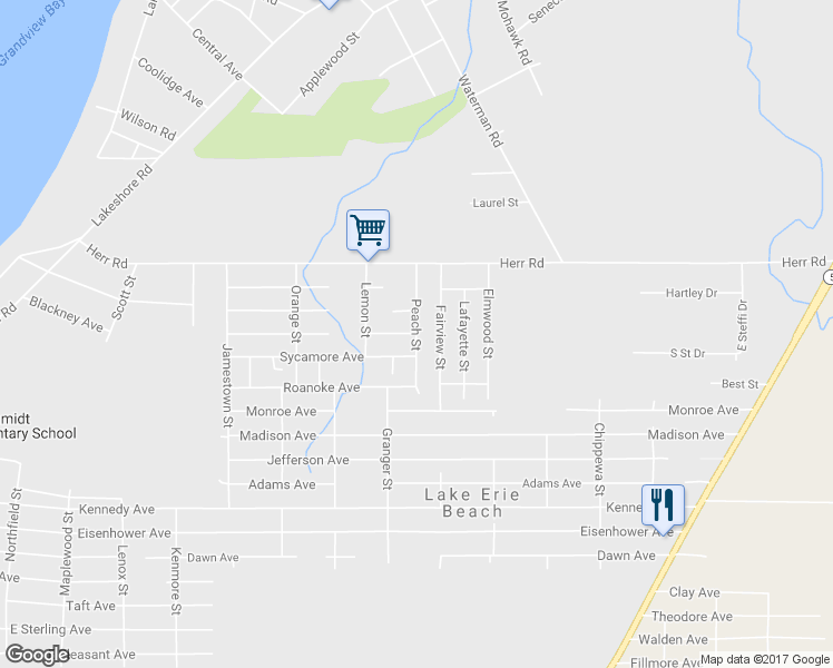 map of restaurants, bars, coffee shops, grocery stores, and more near Peach Street in Lake Erie Beach