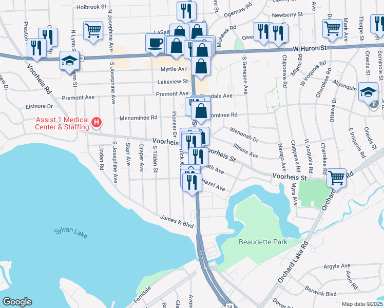 map of restaurants, bars, coffee shops, grocery stores, and more near 216 South Telegraph Road in Pontiac