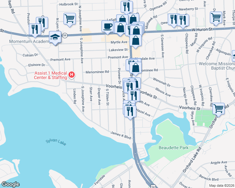 map of restaurants, bars, coffee shops, grocery stores, and more near 211 Pioneer Avenue in Pontiac
