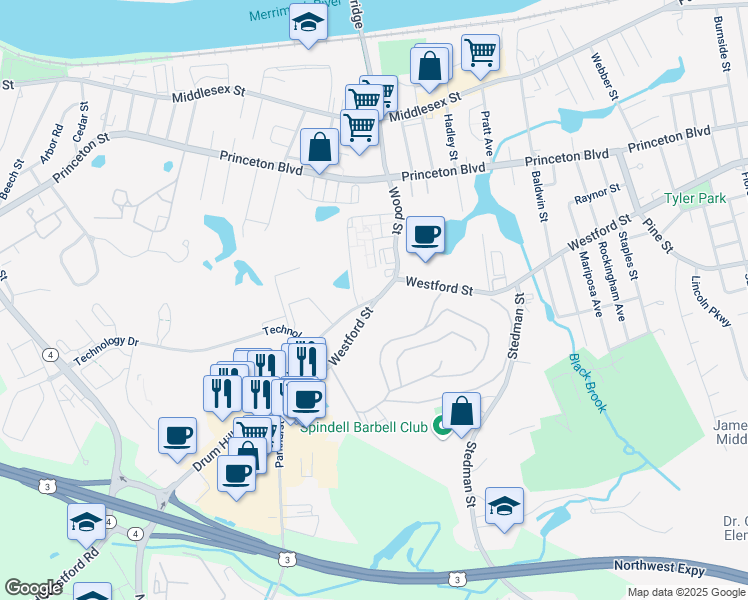 map of restaurants, bars, coffee shops, grocery stores, and more near 10 Carl Street in Lowell