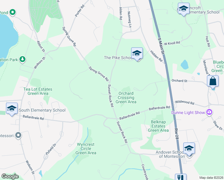 map of restaurants, bars, coffee shops, grocery stores, and more near 58 Sunset Rock Road in Andover