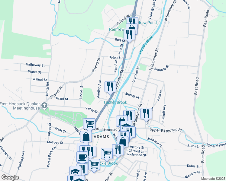 map of restaurants, bars, coffee shops, grocery stores, and more near 34.5 Columbia Street in Adams