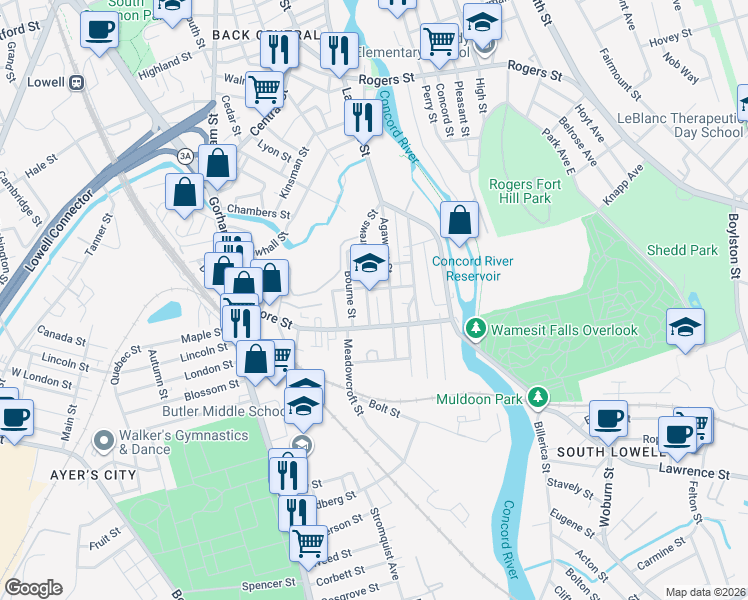 map of restaurants, bars, coffee shops, grocery stores, and more near 139 Andrews Street in Lowell