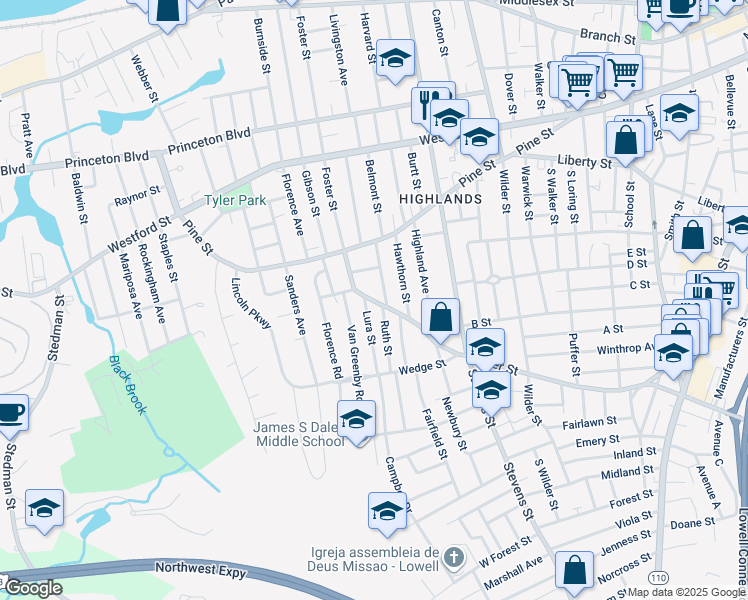 map of restaurants, bars, coffee shops, grocery stores, and more near 14 Ruth Street in Lowell