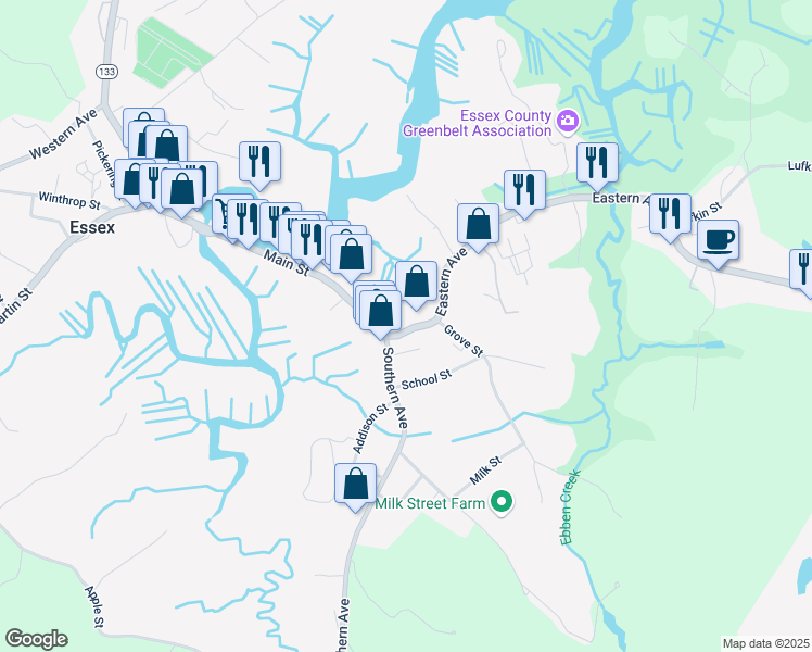 map of restaurants, bars, coffee shops, grocery stores, and more near 8 Eastern Avenue in Essex