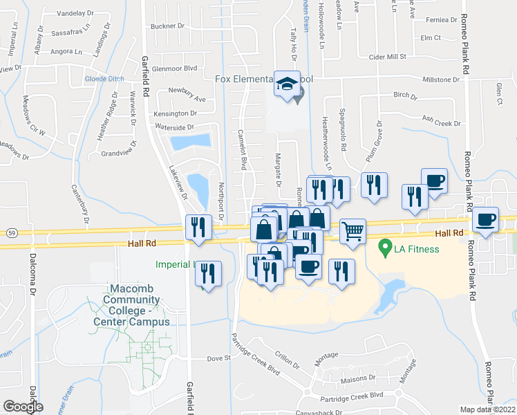 map of restaurants, bars, coffee shops, grocery stores, and more near 17152 Canmore Street in Macomb