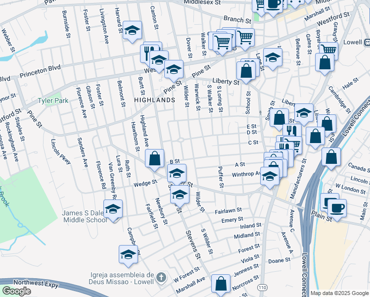map of restaurants, bars, coffee shops, grocery stores, and more near 195 B Street in Lowell