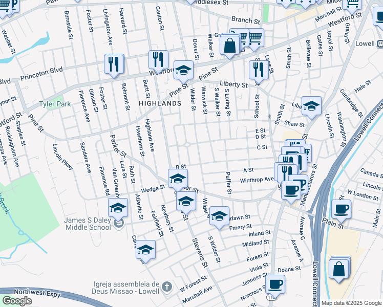 map of restaurants, bars, coffee shops, grocery stores, and more near 195 B Street in Lowell