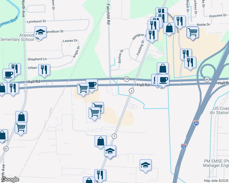 map of restaurants, bars, coffee shops, grocery stores, and more near 24141 Avon Lane in Macomb County