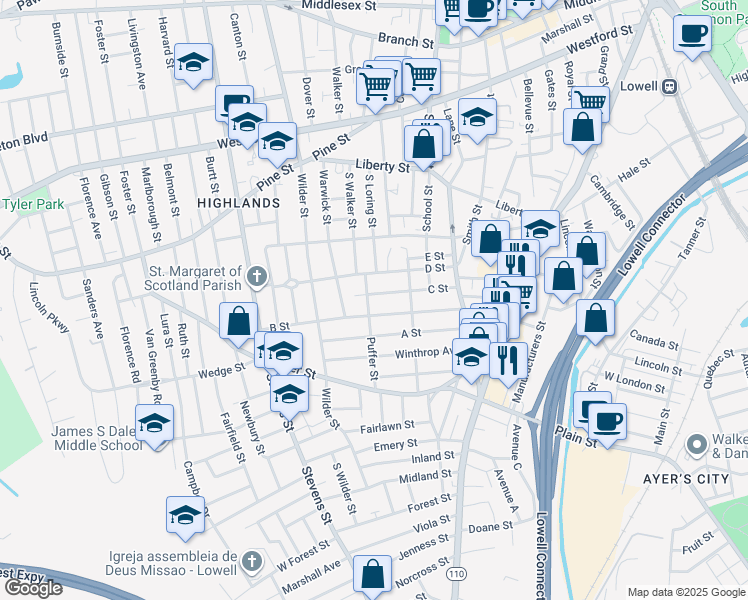 map of restaurants, bars, coffee shops, grocery stores, and more near 53 Puffer Street in Lowell