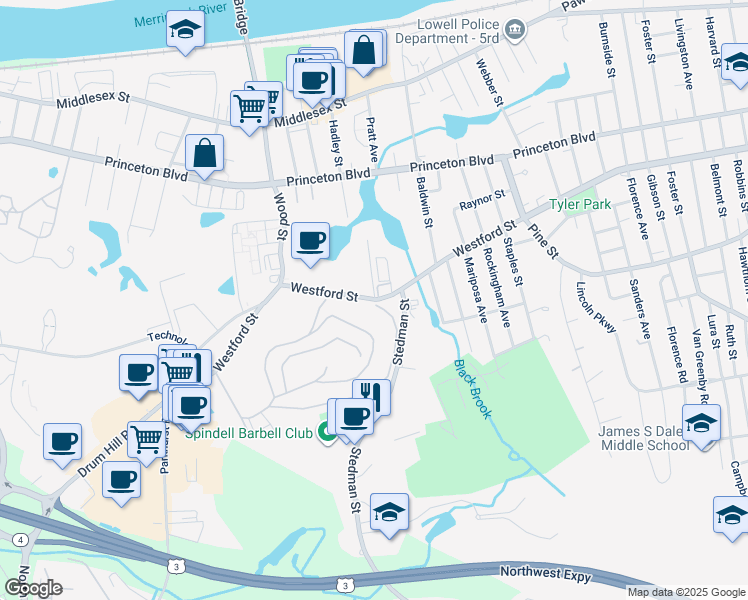 map of restaurants, bars, coffee shops, grocery stores, and more near 995 Westford Street in Lowell