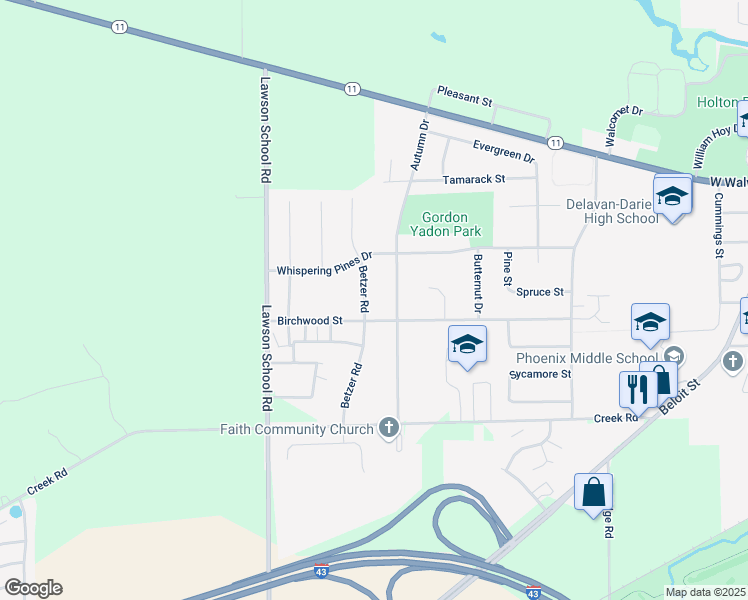 map of restaurants, bars, coffee shops, grocery stores, and more near 411 Betzer Road in Delavan