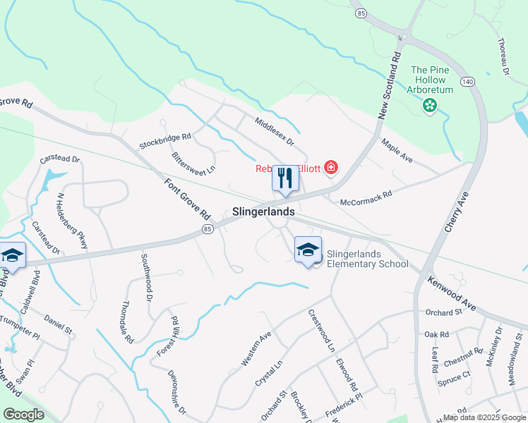 map of restaurants, bars, coffee shops, grocery stores, and more near Mill Hill Court in Albany County