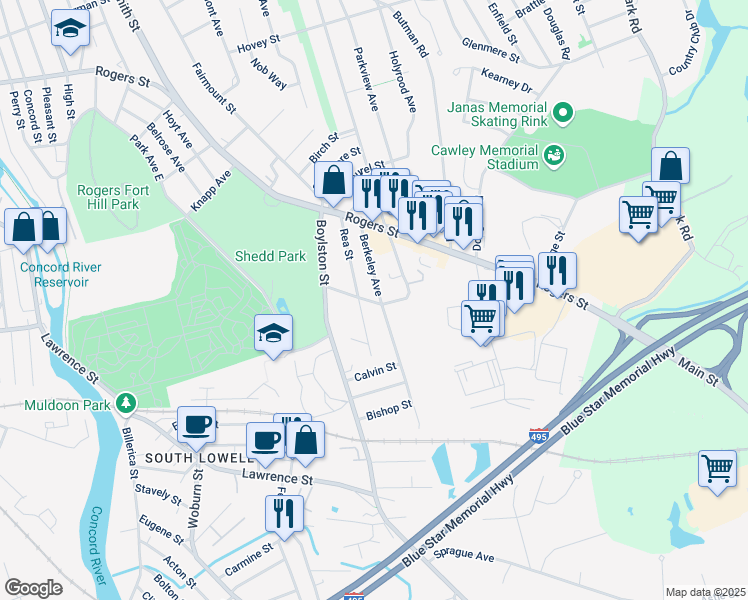 map of restaurants, bars, coffee shops, grocery stores, and more near 67 Berkeley Avenue in Lowell