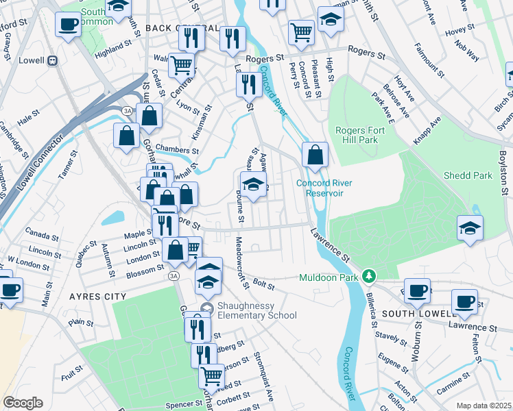 map of restaurants, bars, coffee shops, grocery stores, and more near 87 Andrews Street in Lowell