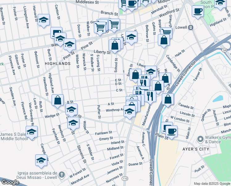 map of restaurants, bars, coffee shops, grocery stores, and more near 754 School Street in Lowell
