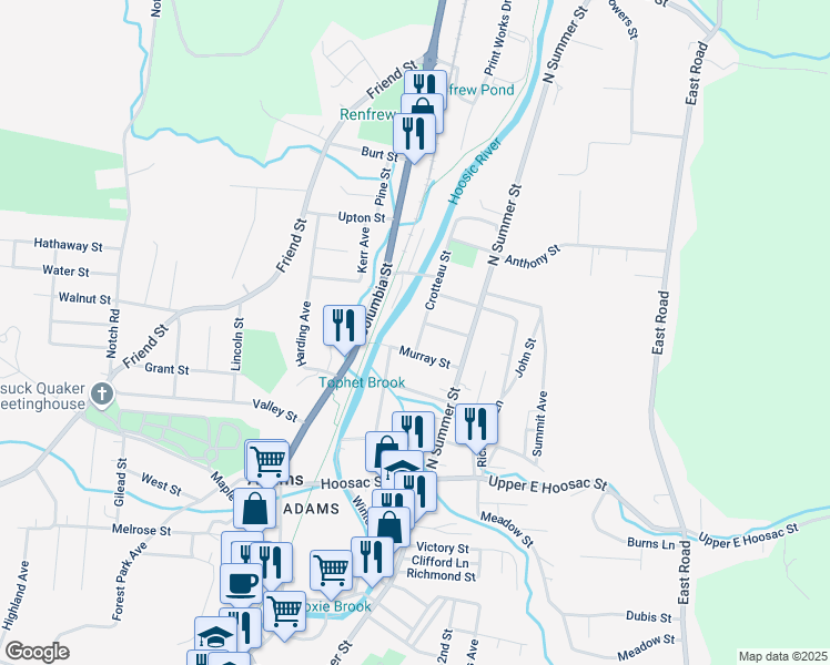 map of restaurants, bars, coffee shops, grocery stores, and more near 33 Crotteau St in Adams