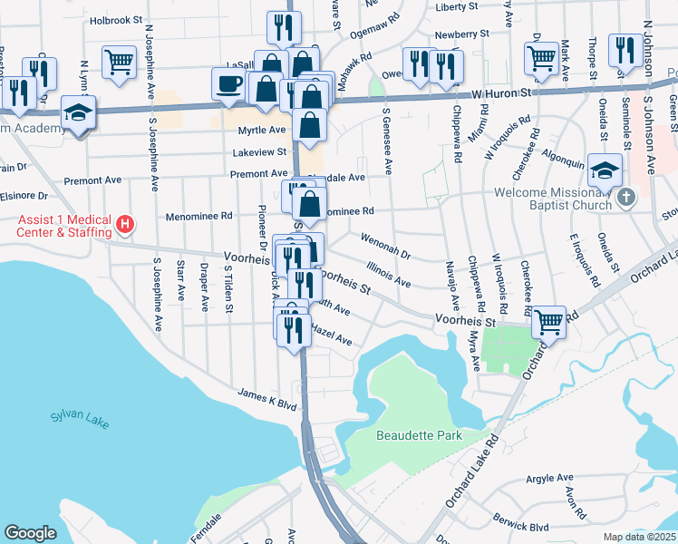 map of restaurants, bars, coffee shops, grocery stores, and more near 378 Voorheis Street in Pontiac