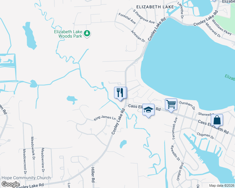 map of restaurants, bars, coffee shops, grocery stores, and more near 5545 River Park Drive in Waterford Township