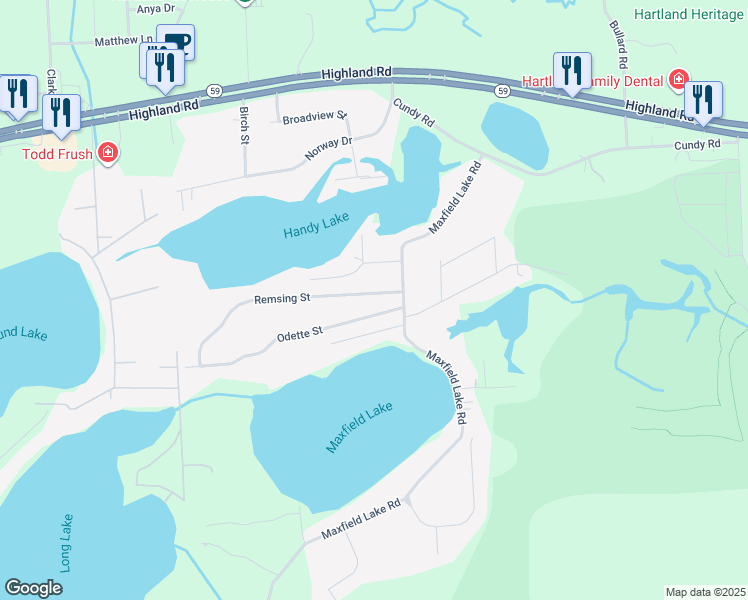 map of restaurants, bars, coffee shops, grocery stores, and more near 1755 Maxfield Lake Road in Hartland