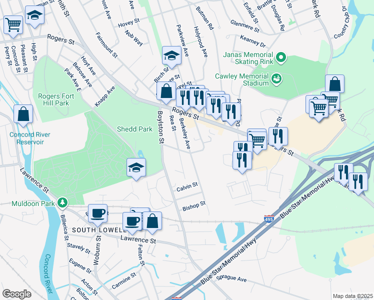 map of restaurants, bars, coffee shops, grocery stores, and more near 67 Berkeley Avenue in Lowell