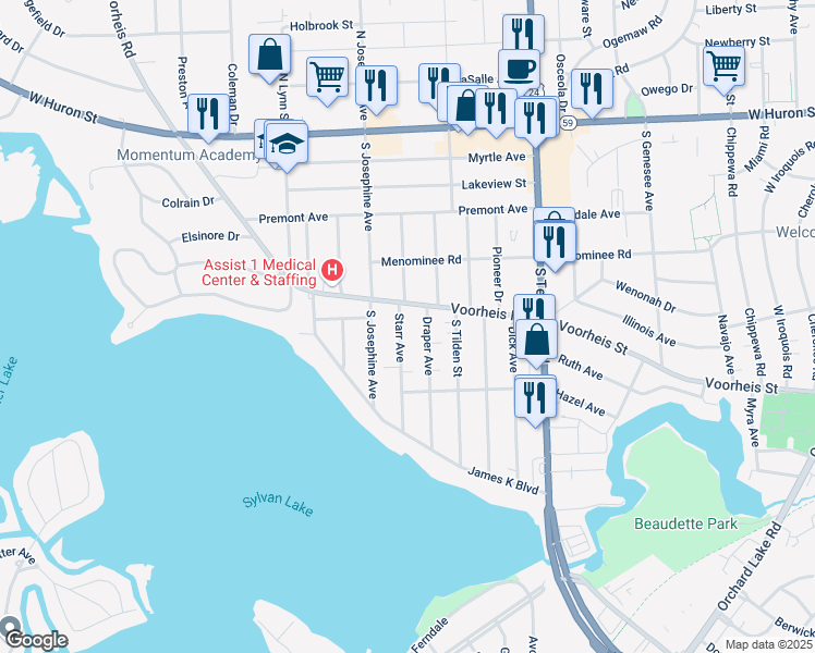 map of restaurants, bars, coffee shops, grocery stores, and more near 1051 Voorheis Street in Pontiac