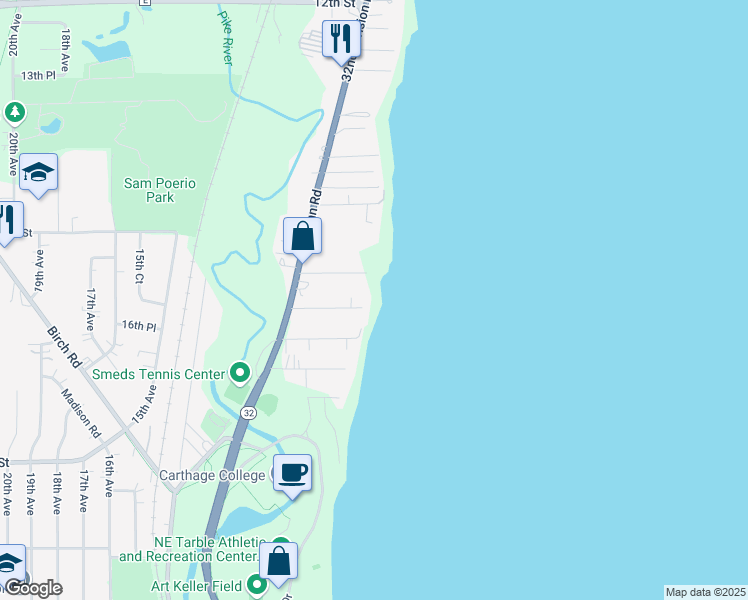 map of restaurants, bars, coffee shops, grocery stores, and more near 522 16th Street in Kenosha
