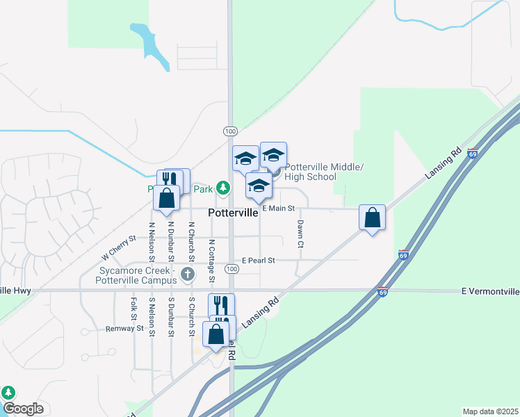 map of restaurants, bars, coffee shops, grocery stores, and more near 420 High Street in Potterville
