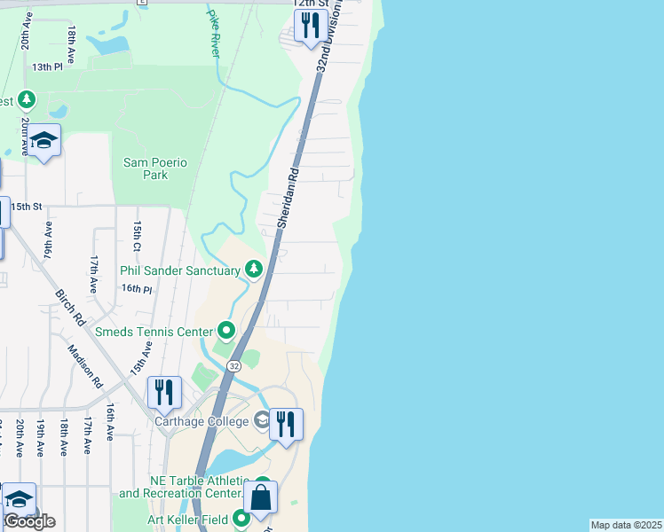 map of restaurants, bars, coffee shops, grocery stores, and more near 605 15th Place in Kenosha