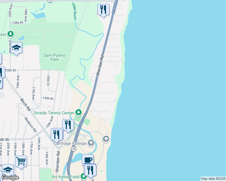 map of restaurants, bars, coffee shops, grocery stores, and more near 605 15th Place in Kenosha