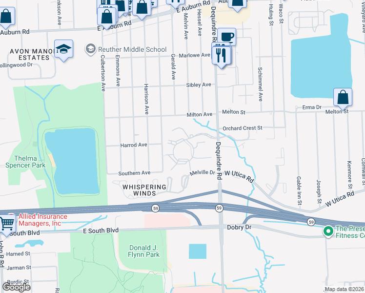 map of restaurants, bars, coffee shops, grocery stores, and more near 1867 Village Green Boulevard in Rochester Hills