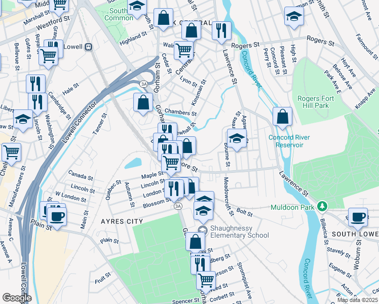 map of restaurants, bars, coffee shops, grocery stores, and more near 75 Livingston Street in Lowell