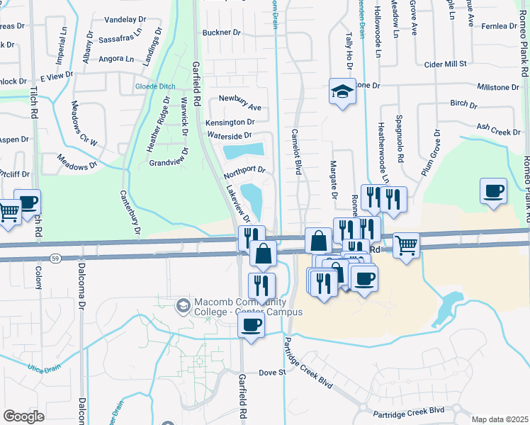 map of restaurants, bars, coffee shops, grocery stores, and more near 45228 Northport Drive in Macomb