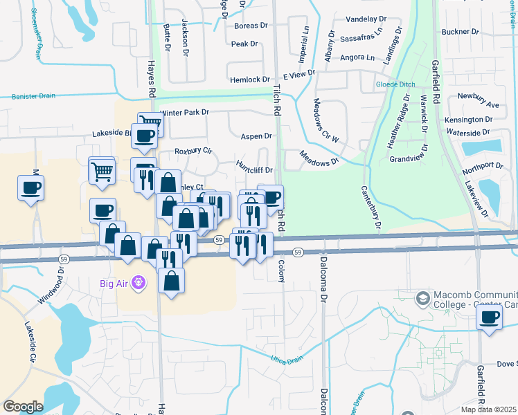 map of restaurants, bars, coffee shops, grocery stores, and more near 45441 Nottingham Drive in Macomb