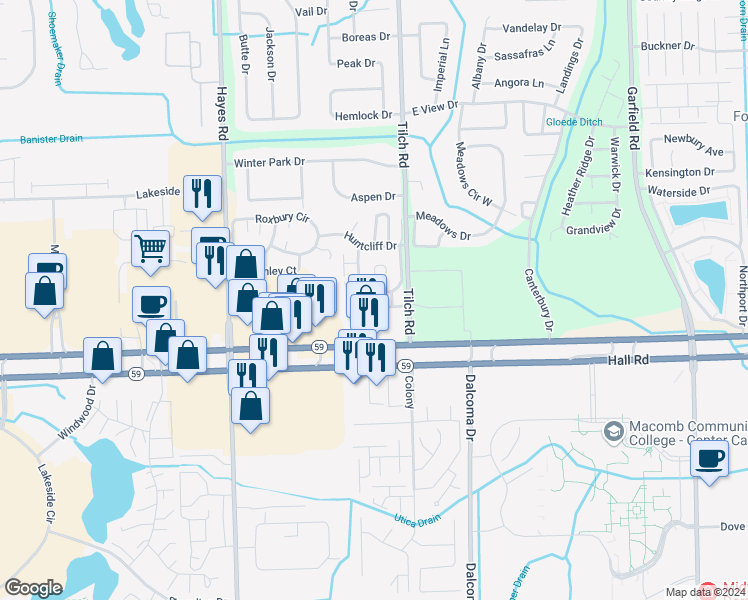 map of restaurants, bars, coffee shops, grocery stores, and more near 45441 Nottingham Drive in Macomb