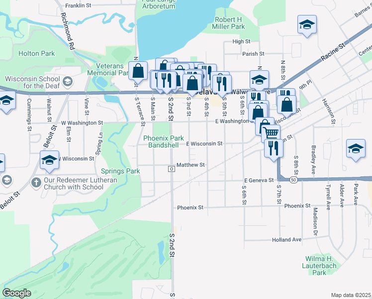 map of restaurants, bars, coffee shops, grocery stores, and more near 224 South 3rd Street in Delavan