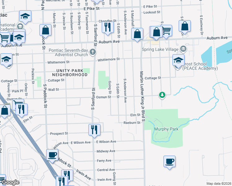 map of restaurants, bars, coffee shops, grocery stores, and more near 295 Going Street in Pontiac